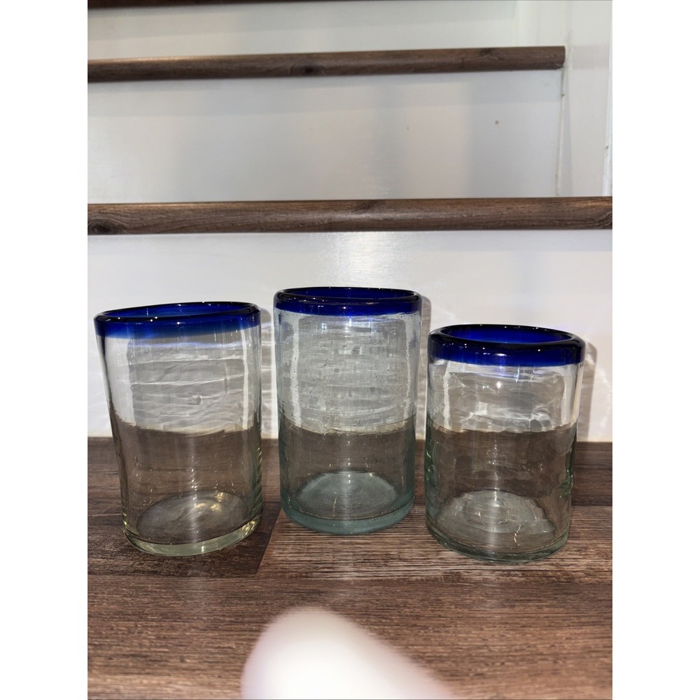 Hand Blown Mexican Blue Rim Glasses Tumblers Set of 3
